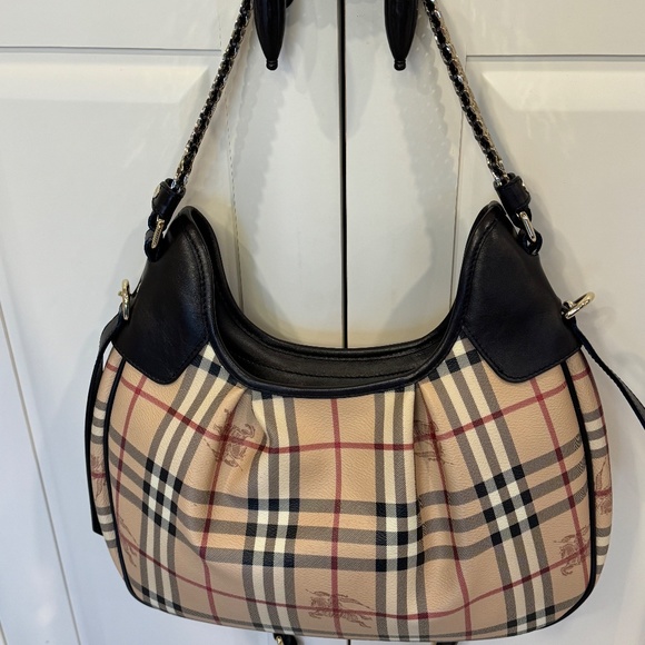 BURBERRY Chocolate Brown Leather Haymarket Check Coated Canvas Chain Strap Hobo - Picture 4 of 17